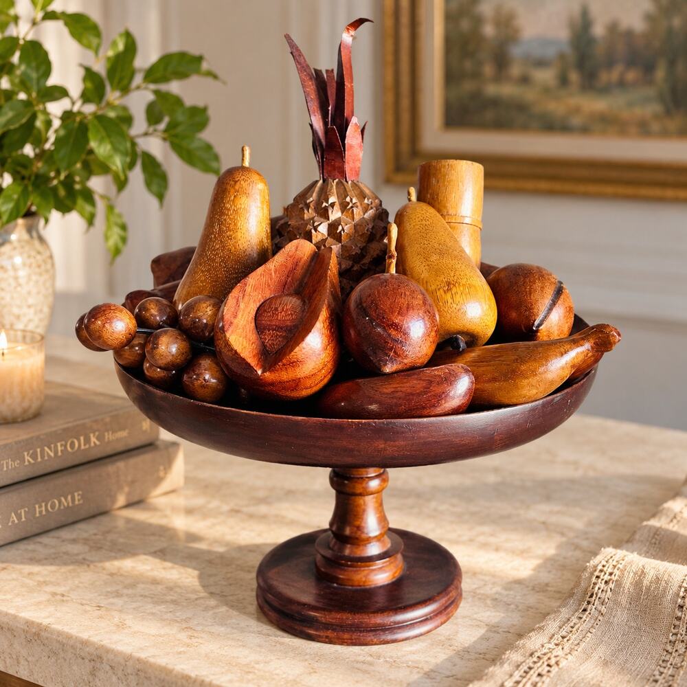 Carved Wood Fruit Pedestal Bowl MCM Tropical Folk Art Centerpiece